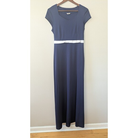 Women's Navy Blue Maxi Dress Gown Size 10 Navy Blue White Formal Cap Sleeve USA - Picture 1 of 8